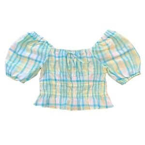 CROPPED TOP OFF SHOULDER PUFFY SLEEVES PLAID BLUE GREEN TROPICAL